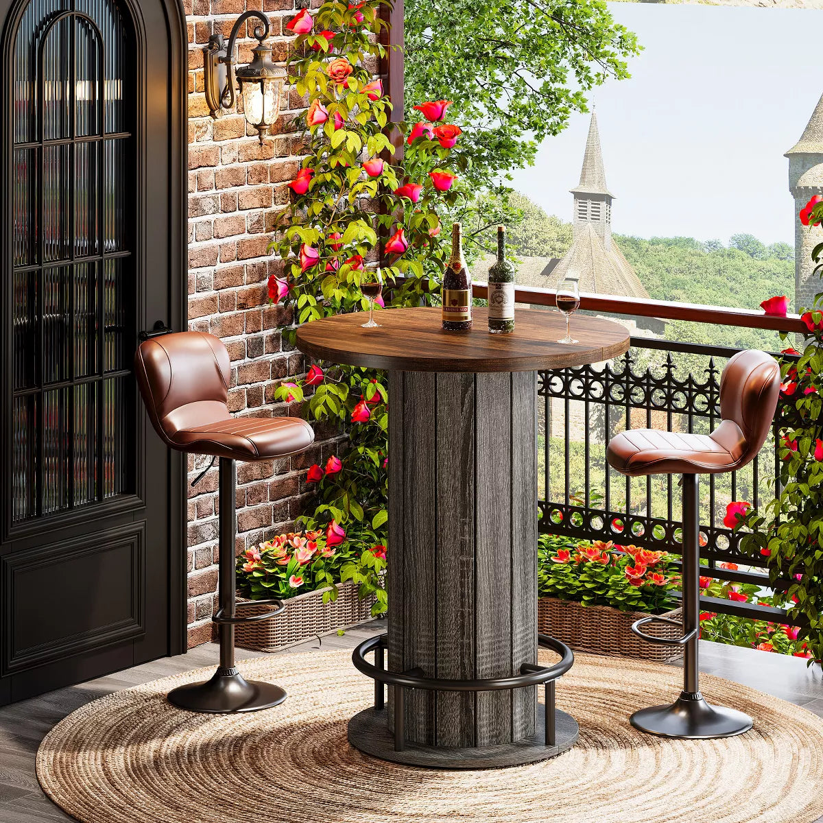 Wood Bistro Pub Table with Metal Ring Footrest for Dining Cocktail Living Room