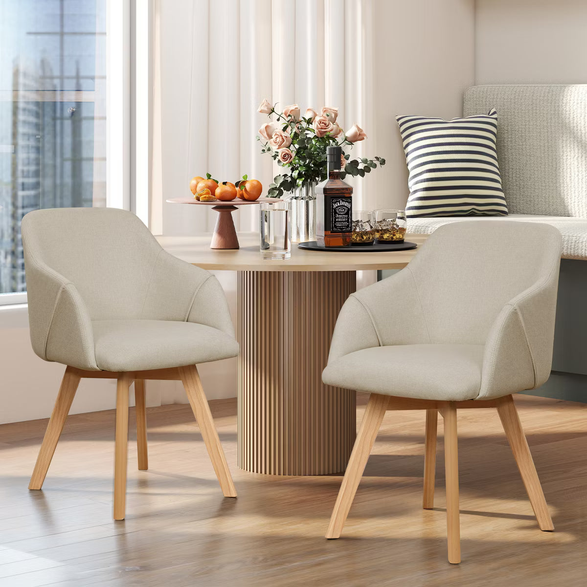 Swivel Dining Chairs Set of 2, Linen Upholstered Armchairs with Solid Wood Legs