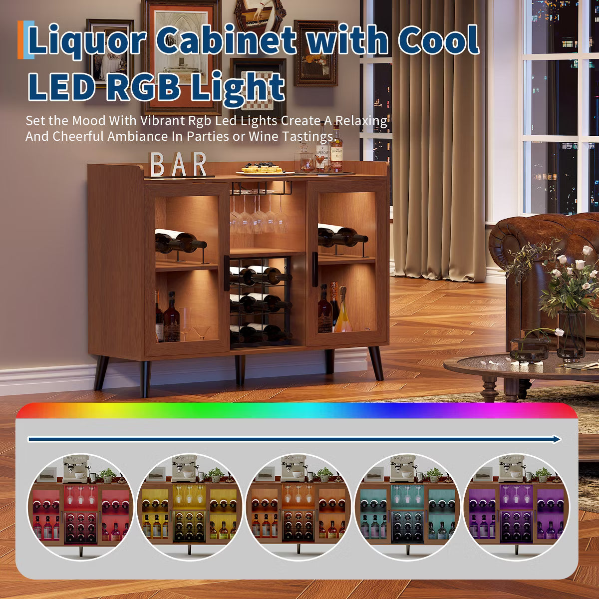 47" Coffee Bar Cabinet with Wine Rack, Wooden Sideboard Buffet Cabinet