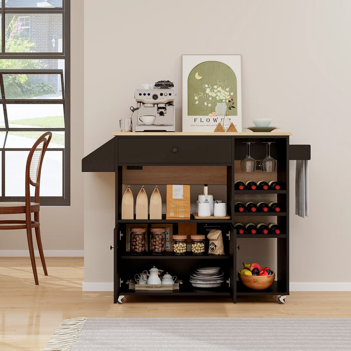 Drop Leaf Kitchen Island Cart with Power Outlet Mobile Buffet Storage Cart with Microwave Shelf Black  3 out of 5 stars 4