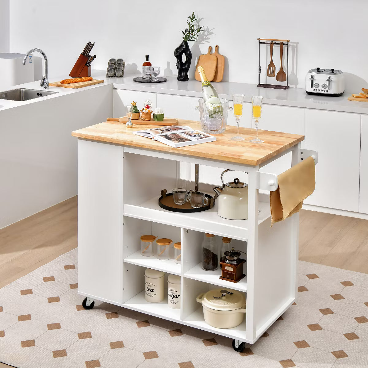 Kitchen Island – Culinvaro Kitchen Island Trolley Cart on Wheels with Storage Open Shelves & Drawer White