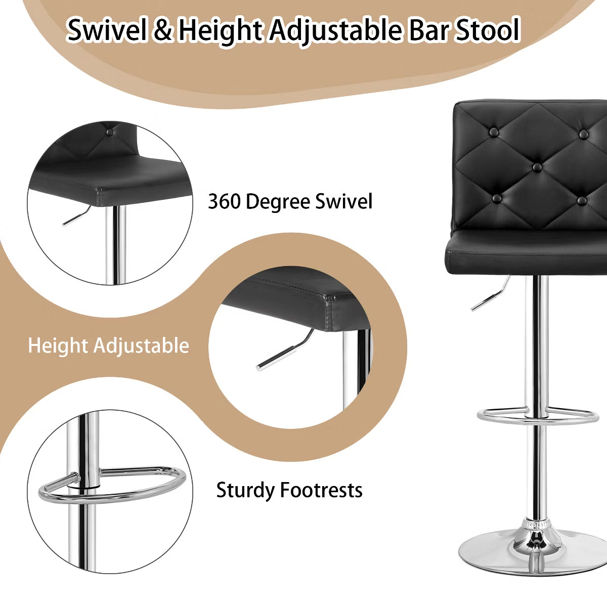 Adjustable Counter Height Bar Stools with PU Leather Seat, Black, 2 PCS