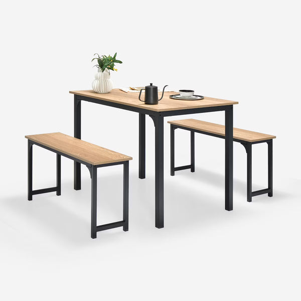 Modern 3 PCS Dining Table Bench Set w/ Metal Frame & Wooden Tabletop Natural