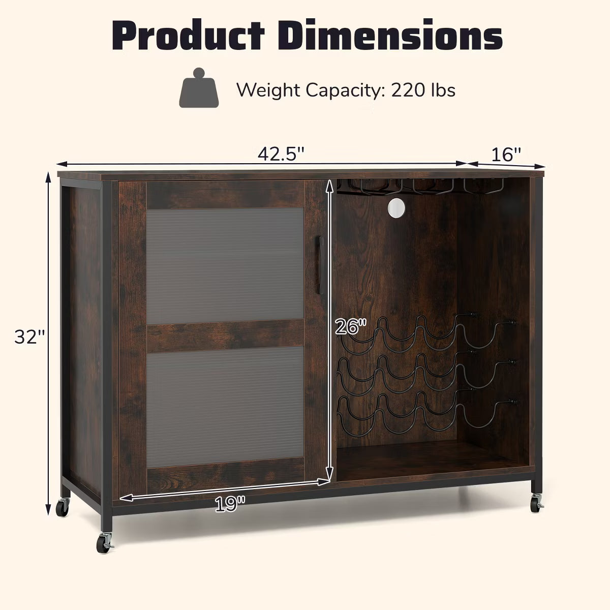 Bar Cabinet – Culinvaro Bar Cabinet w/ Wheels LED Lights Storage Shelves Glass Holders Drinks Racks