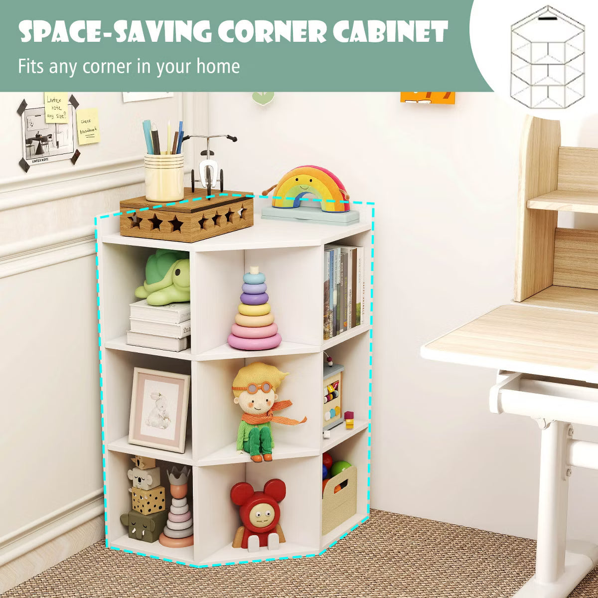 -Tier Kids Corner Toy Storage Organizer with USB Ports and Outlets 9 Cubbies White