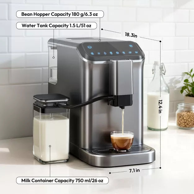 Espresso Machine – 20 Bar Fully Automatic Coffee and Espresso Machine with Milk Frother – Silver