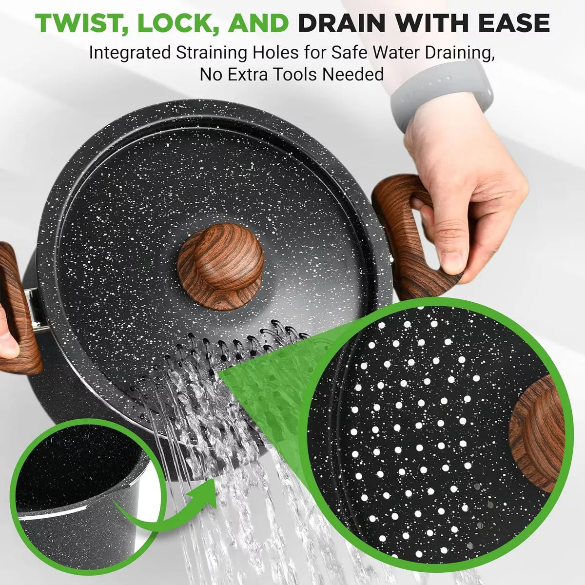 Stock Pot – 5.1qt Non-Stick Aluminum Pasta Pot with Strainer Lid – White