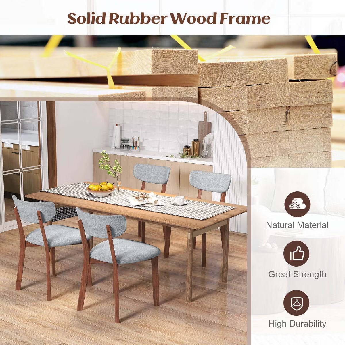 Upholstered Dining Chairs Set of 4 with Solid Rubber Wood Frame,