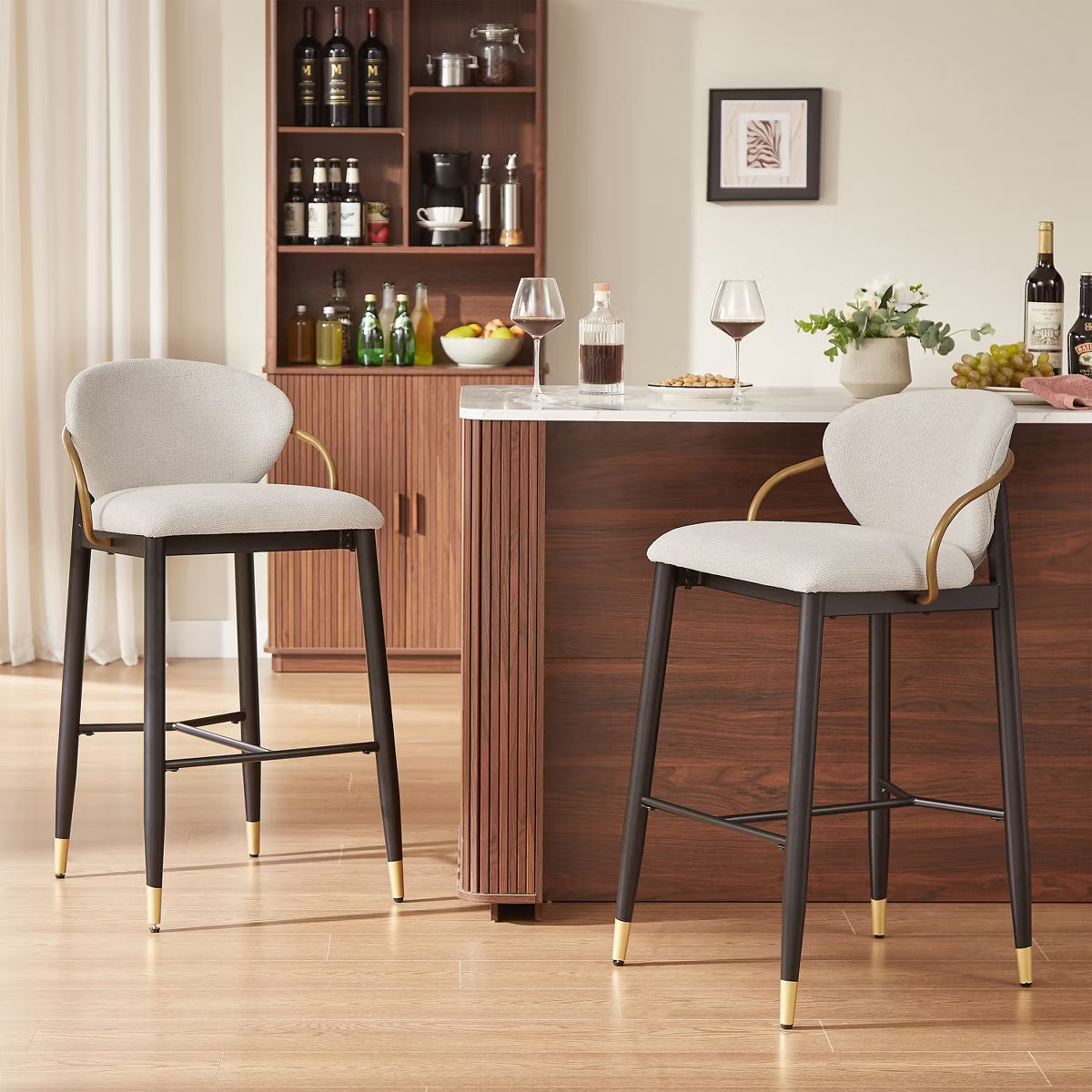 Modern Metal Upholstered Barstools with Tapered Leg Set of 2 Black/Beige