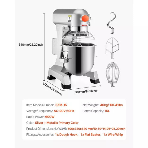 Stand Mixer – Commercial Food Mixer 15Qt 600W 3 Speeds Adjustable 110/178/390 RPM – Silver