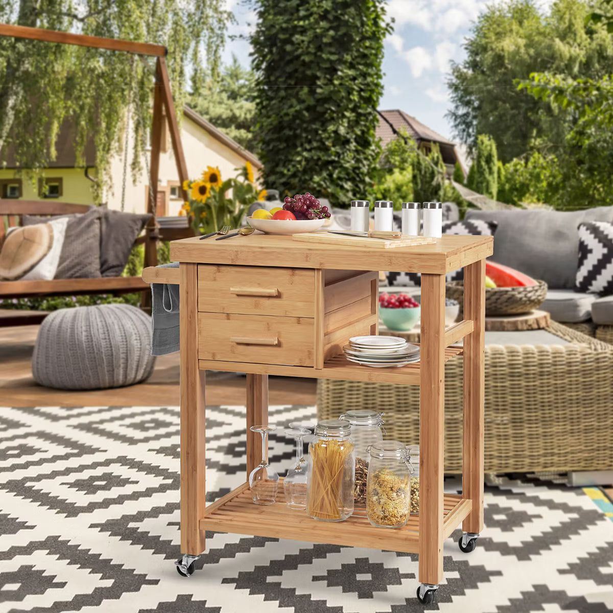 Kitchen Cart – Culinvaro Bamboo Kitchen Trolley Cart Wood Rolling Island w/ Tower Rack & Drawers