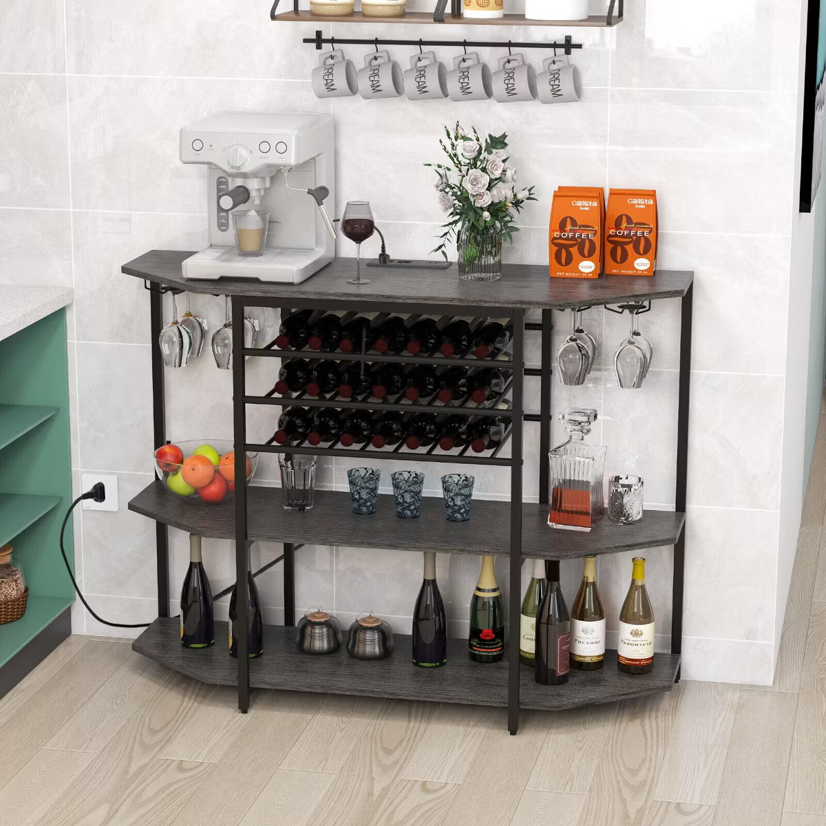 3 Tier Bar Cabinet with Storage Shelves Glass Holders Bottle Racks Gray