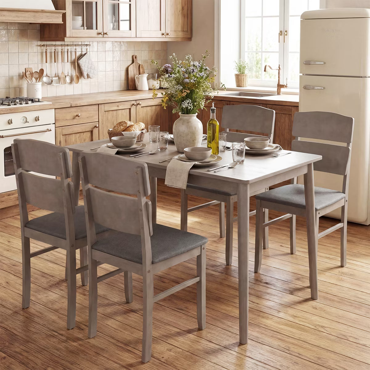 Dining Set – Culinvaro 5 PCS Dining Table Set for 4 Farmhouse Wooden Table & 4 Upholstered Chairs