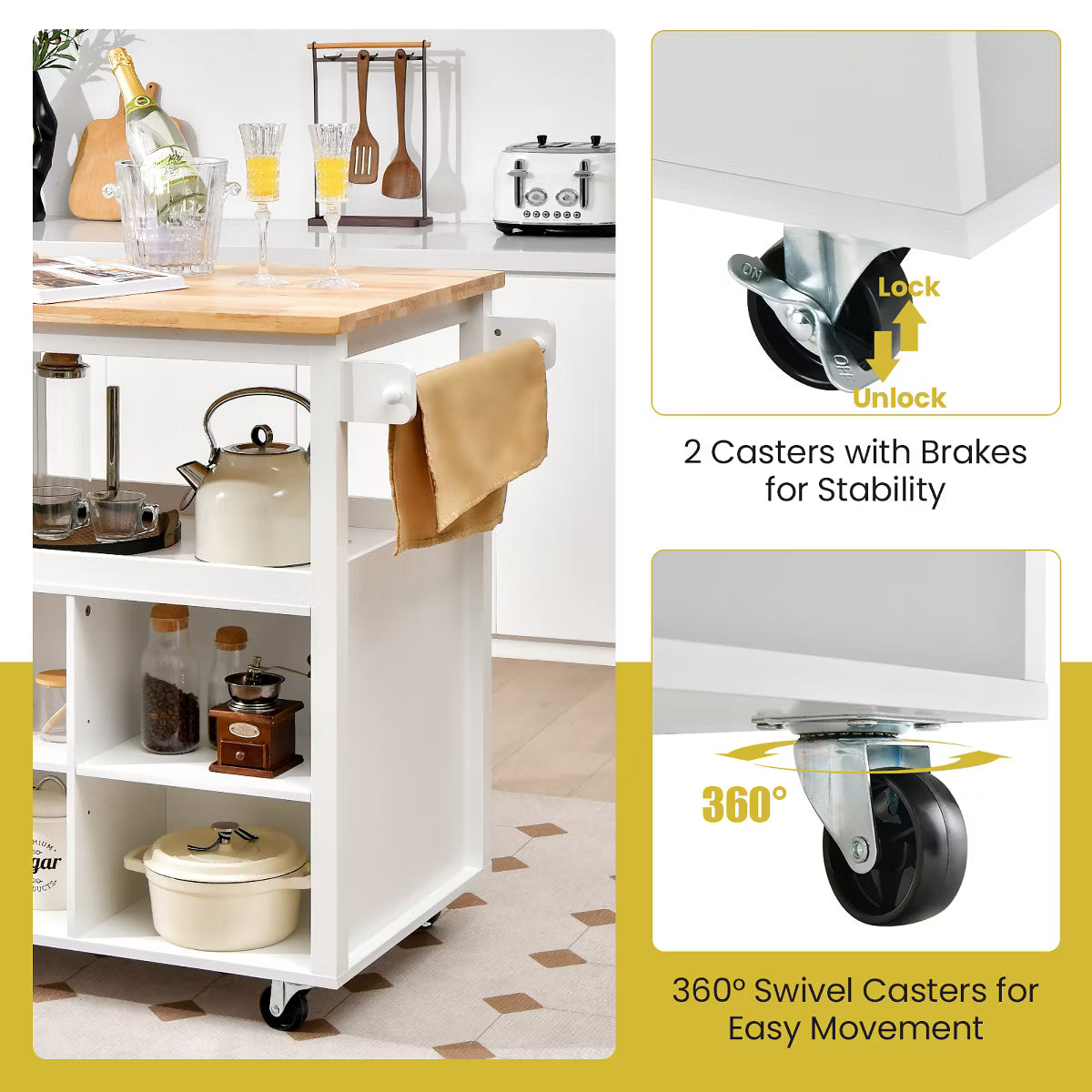 Kitchen Island – Culinvaro Kitchen Island Trolley Cart on Wheels with Storage Open Shelves & Drawer White