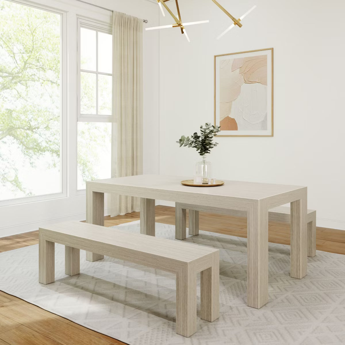 Solid Wood Modern Dining Table Set with 2 Benches for 6