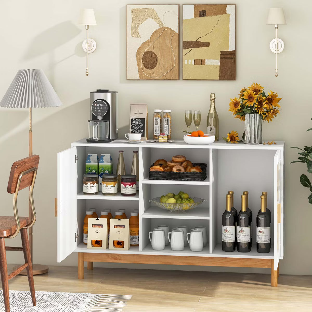 Buffet Cabinet – Culinvaro 48" Sideboard Buffet Cabinet with 2 Bamboo Woven Doors 3 Open Shelves for Kitchen White