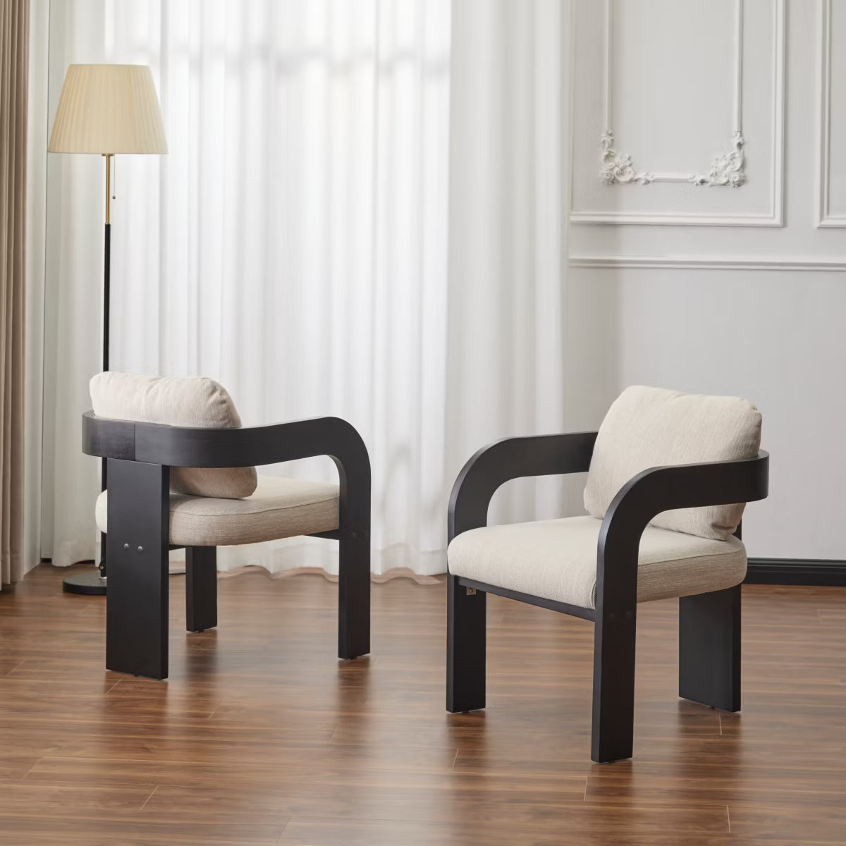 Set of 2 Modern Beige Dining Chairs with Black Wood Frame,