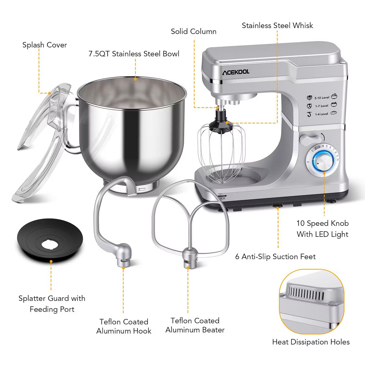 Stand Mixer – 0 Speed Tilt-Head Electric Mixer for Kitchen – Silver
