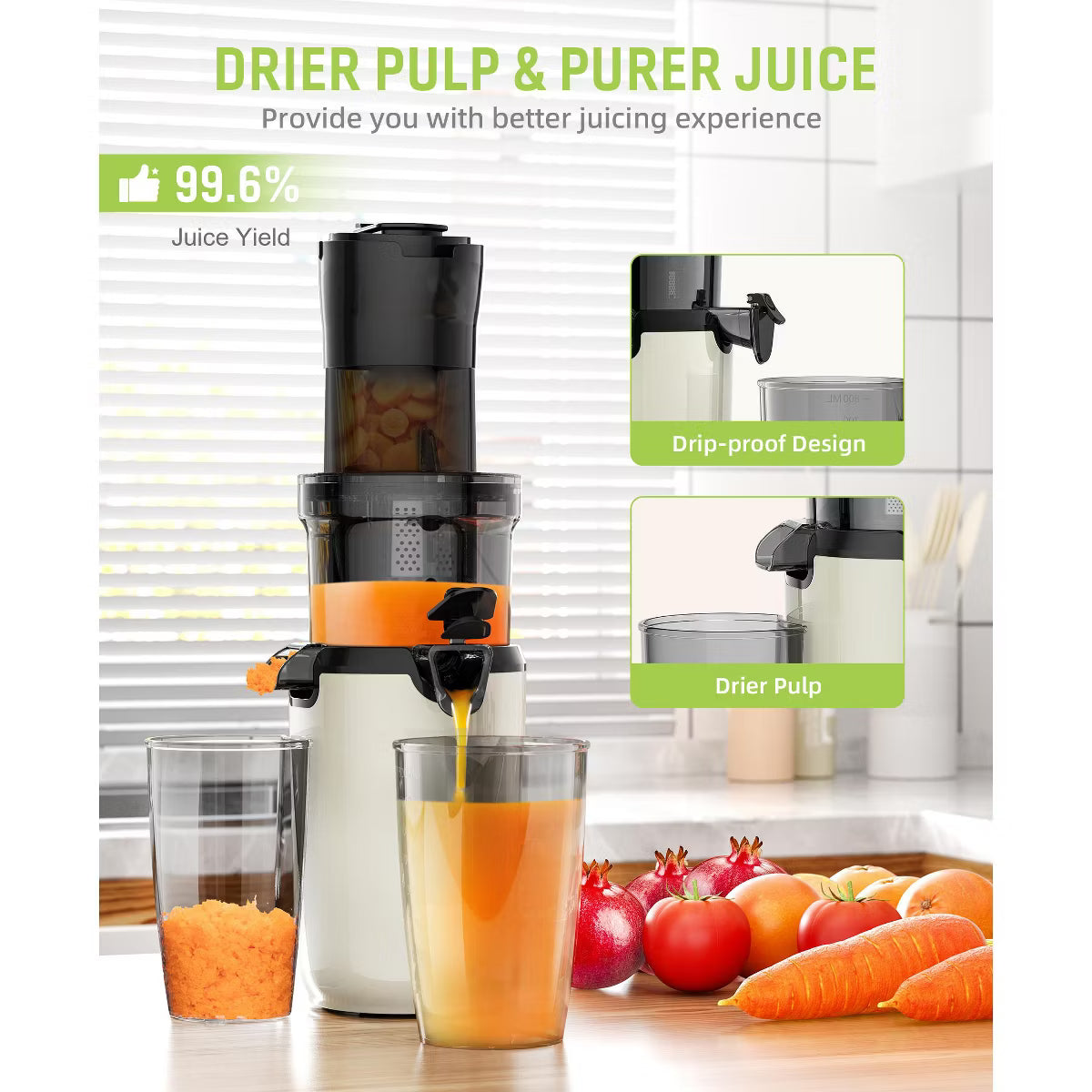Juicer – Masticating Slow Juicer with Wide 3.2 Inch Feed Chute and Quiet 180W – Black