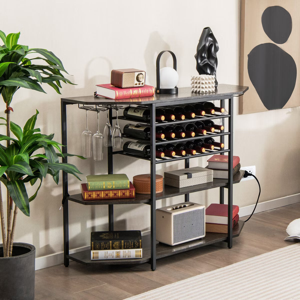 3 Tier Bar Cabinet with Storage Shelves Glass Holders Bottle Racks Gray