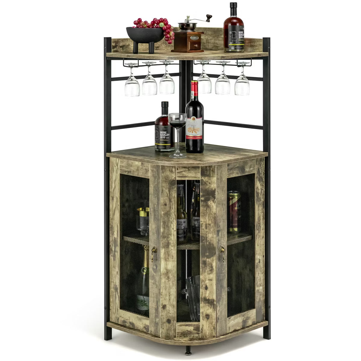 Bar Cabinet – Culinvaro Corner Bar Cabinet Industrial Liquor Wine Cabinet with Glass Holder & Mesh Doors