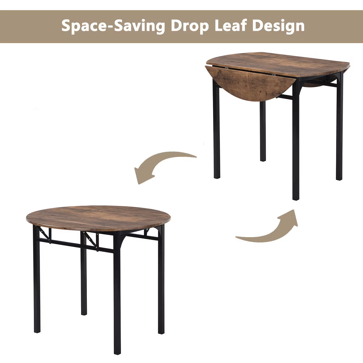 3 Pieces Metal Round Dining Table Set with Drop Leaf