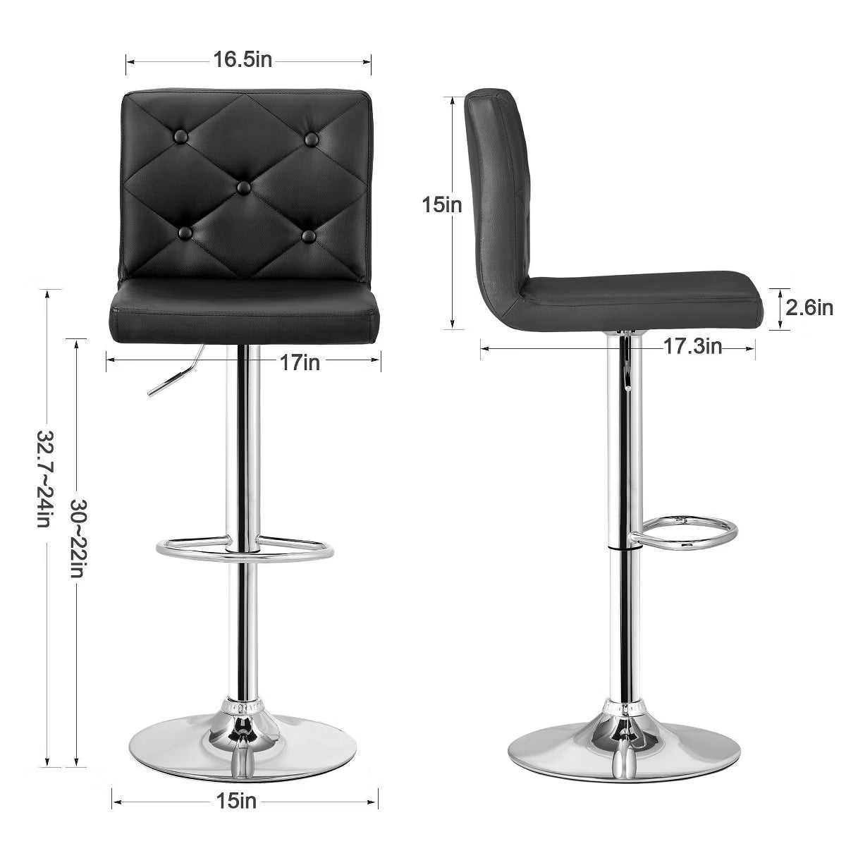 Adjustable Counter Height Bar Stools with PU Leather Seat, Black, 2 PCS