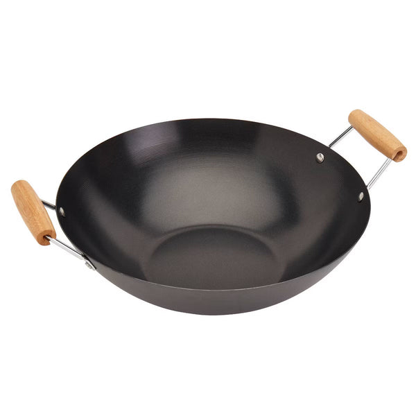 Wok – 14" Open Wok with Bamboo Side Handle: Carbon Steel Nonstick – Black