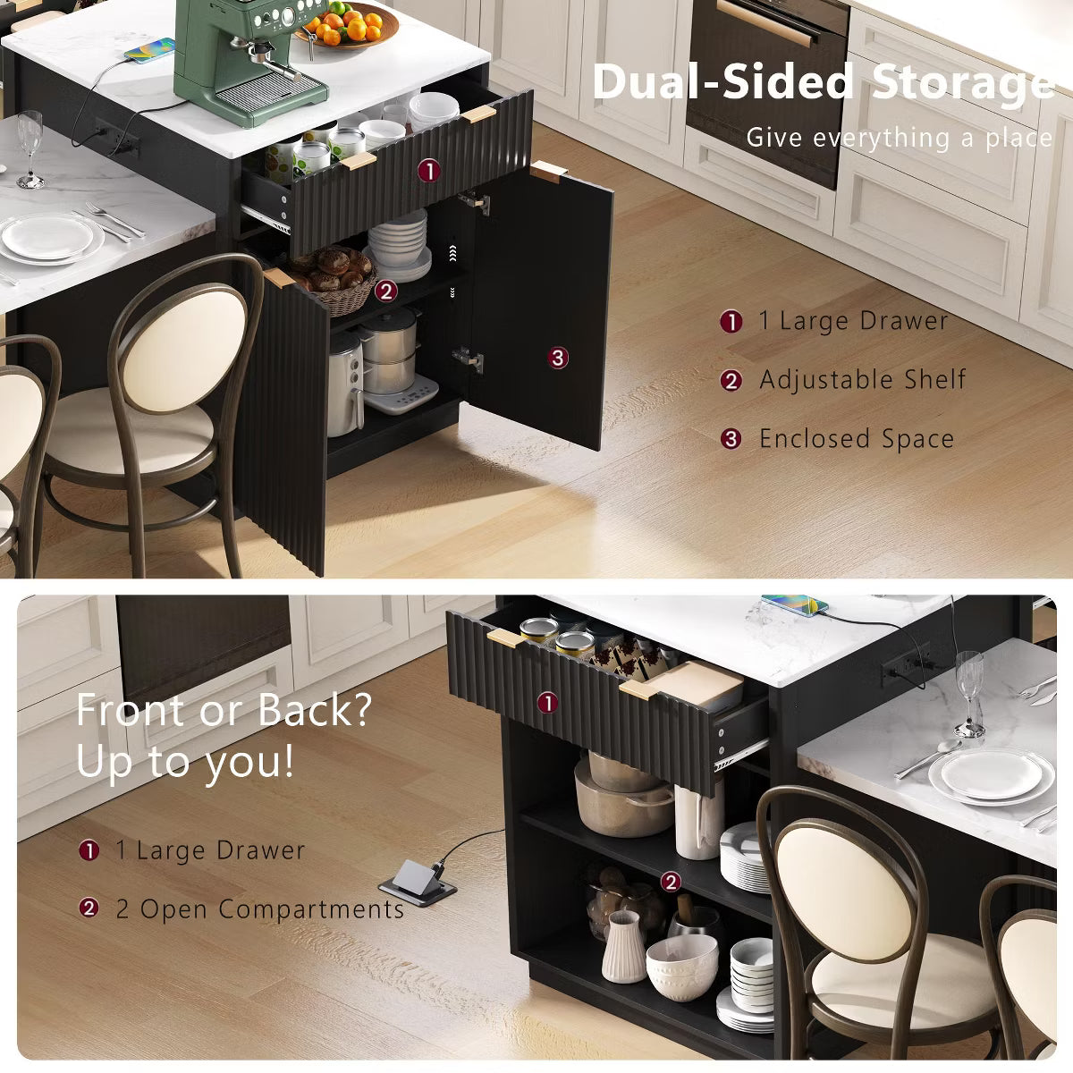 Extendable Kitchen Island Storage Dining Table with 2 Drawers
