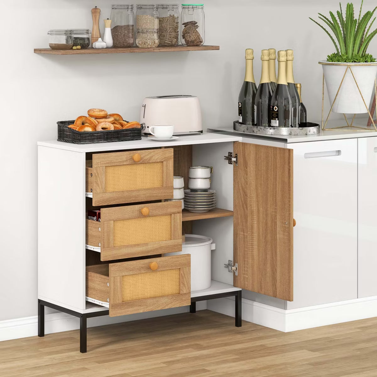 Buffet Cabinet – Culinvaro Rattan Buffet Sideboard with 3 Drawers & 1 Door Sturdy Metal Legs Storage Cabinet
