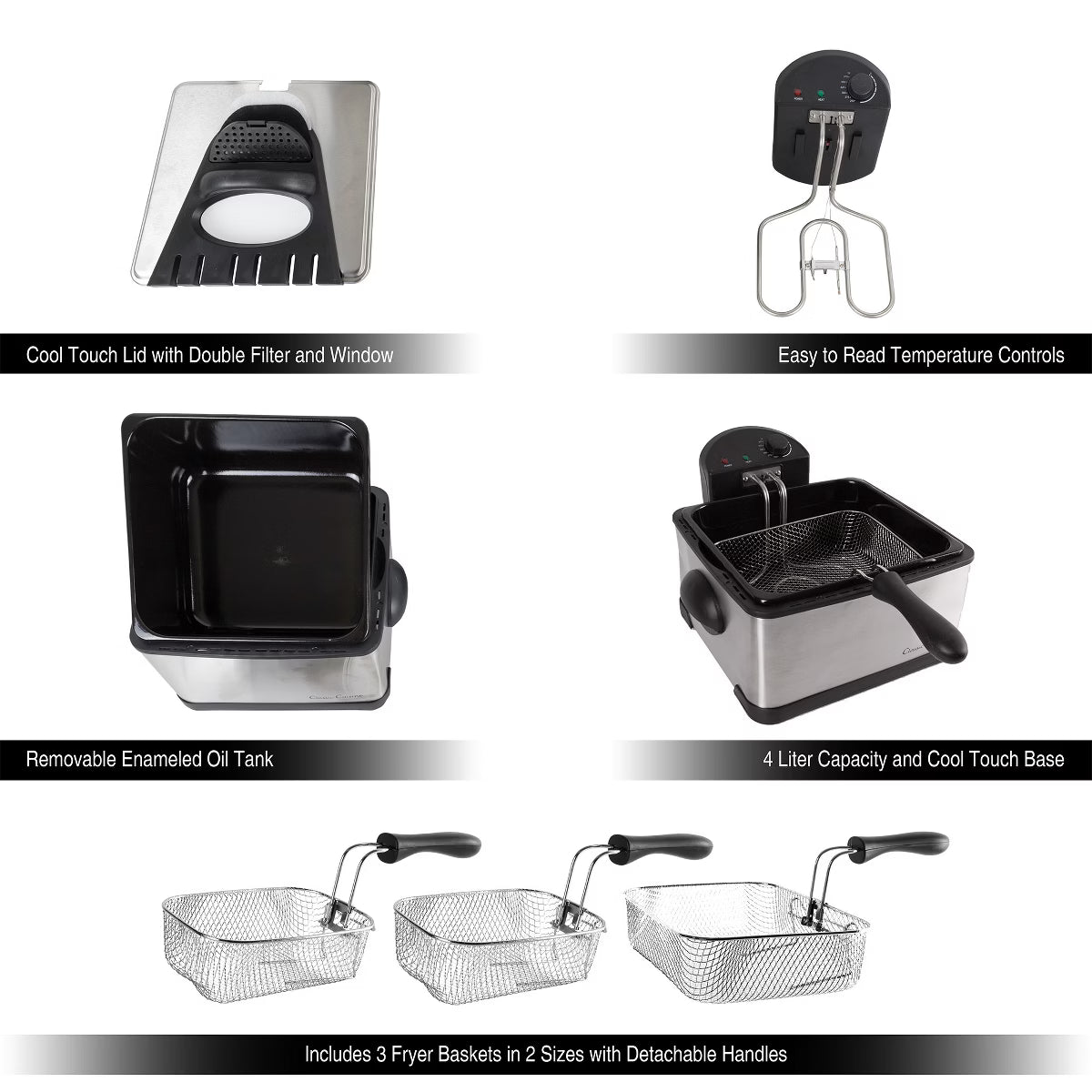 Deep Fryer – Electric Oil Cooker with 1 Large & 2 Small Baskets – Silver