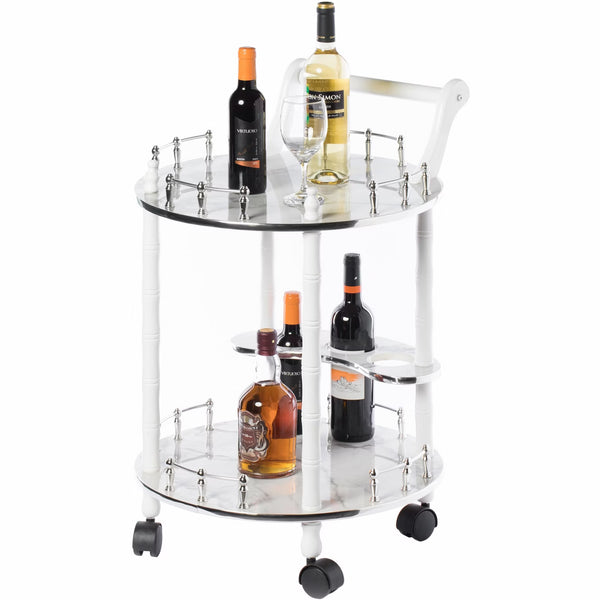 Bar Cart – Culinvaro Round Wood Serving Bar Cart Tea Trolley with 2 Tier Shelves and Rolling Wheels