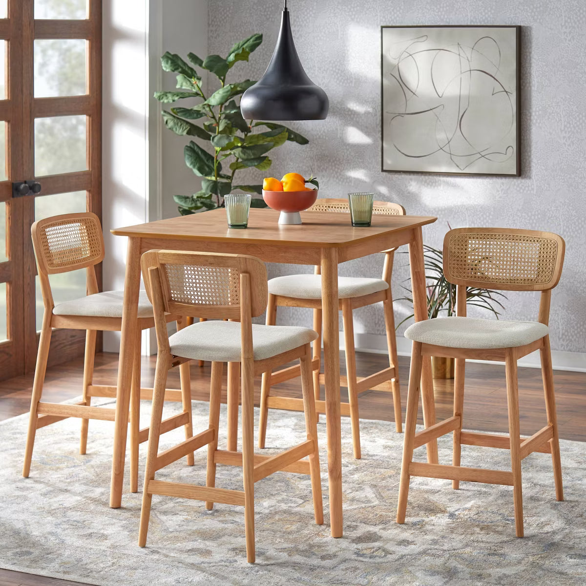 5pc Newington Cane Counter Height Dining Set Light Oak