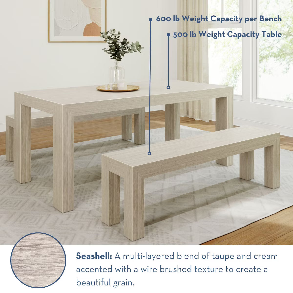 Solid Wood Modern Dining Table Set with 2 Benches for 6