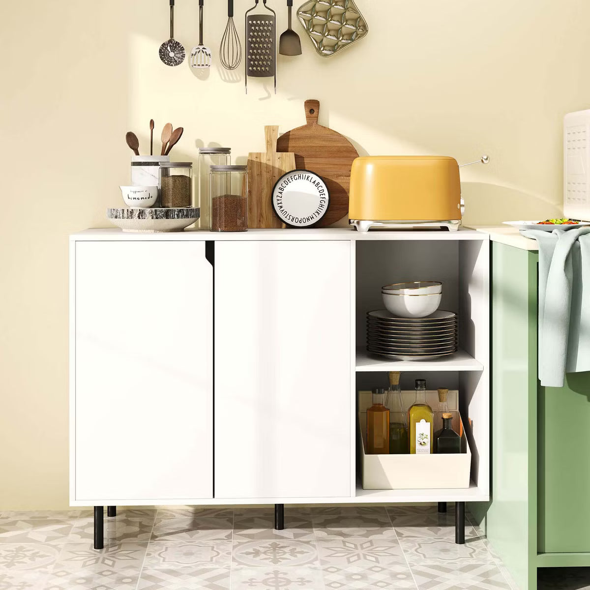 Buffet Cabinet – Culinvaro Kitchen Sideboard Buffet with Adjustable Shelves 2 Doors Sturdy Metal Legs White