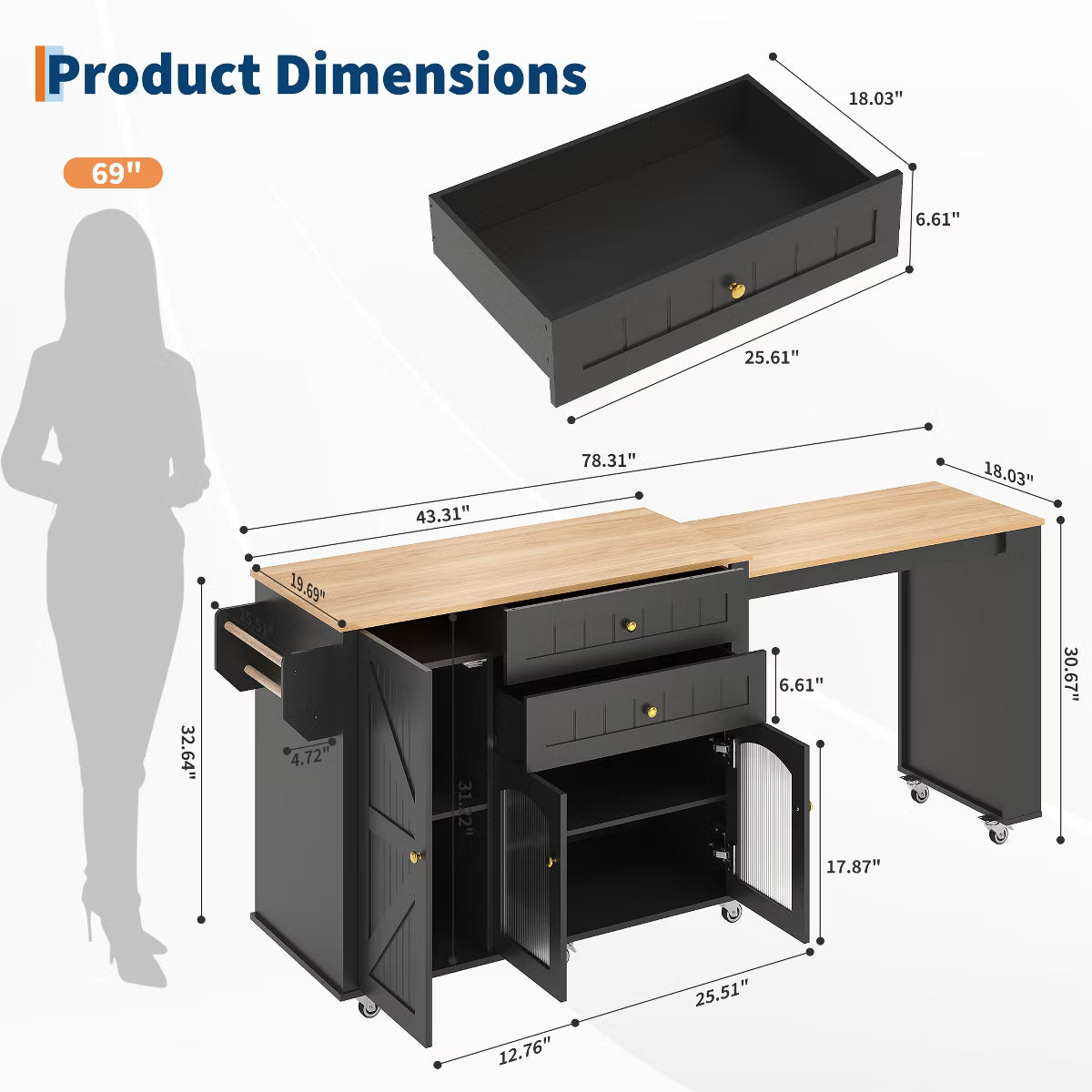 78.3” Rolling Kitchen Island with Extendable Table,