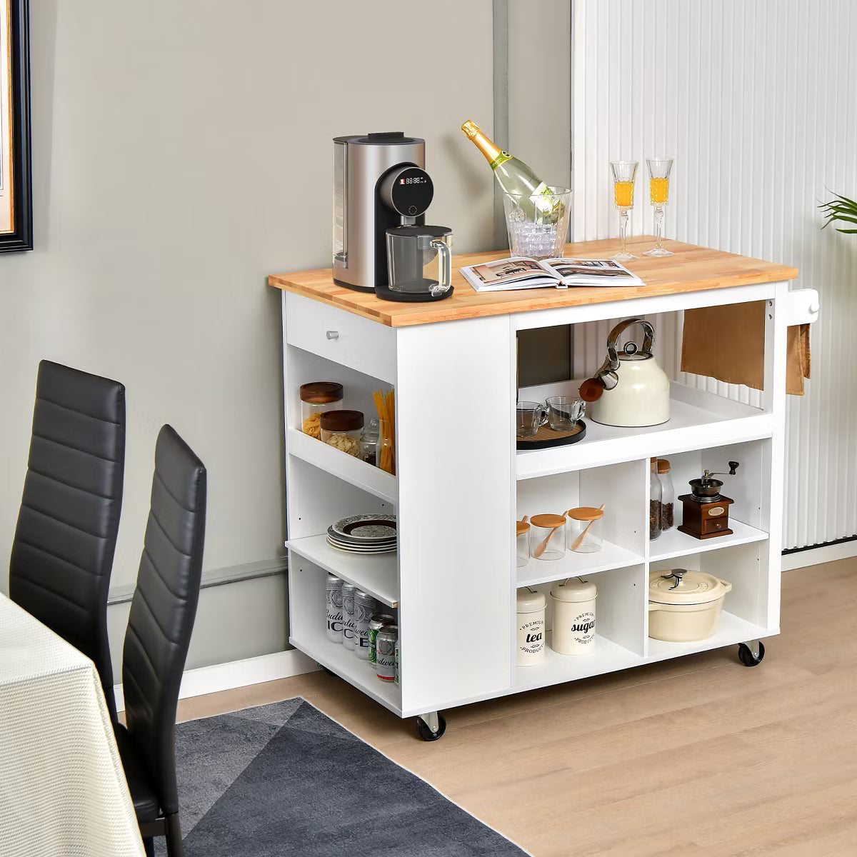 Kitchen Island – Culinvaro Kitchen Island Trolley Cart on Wheels with Storage Open Shelves & Drawer White