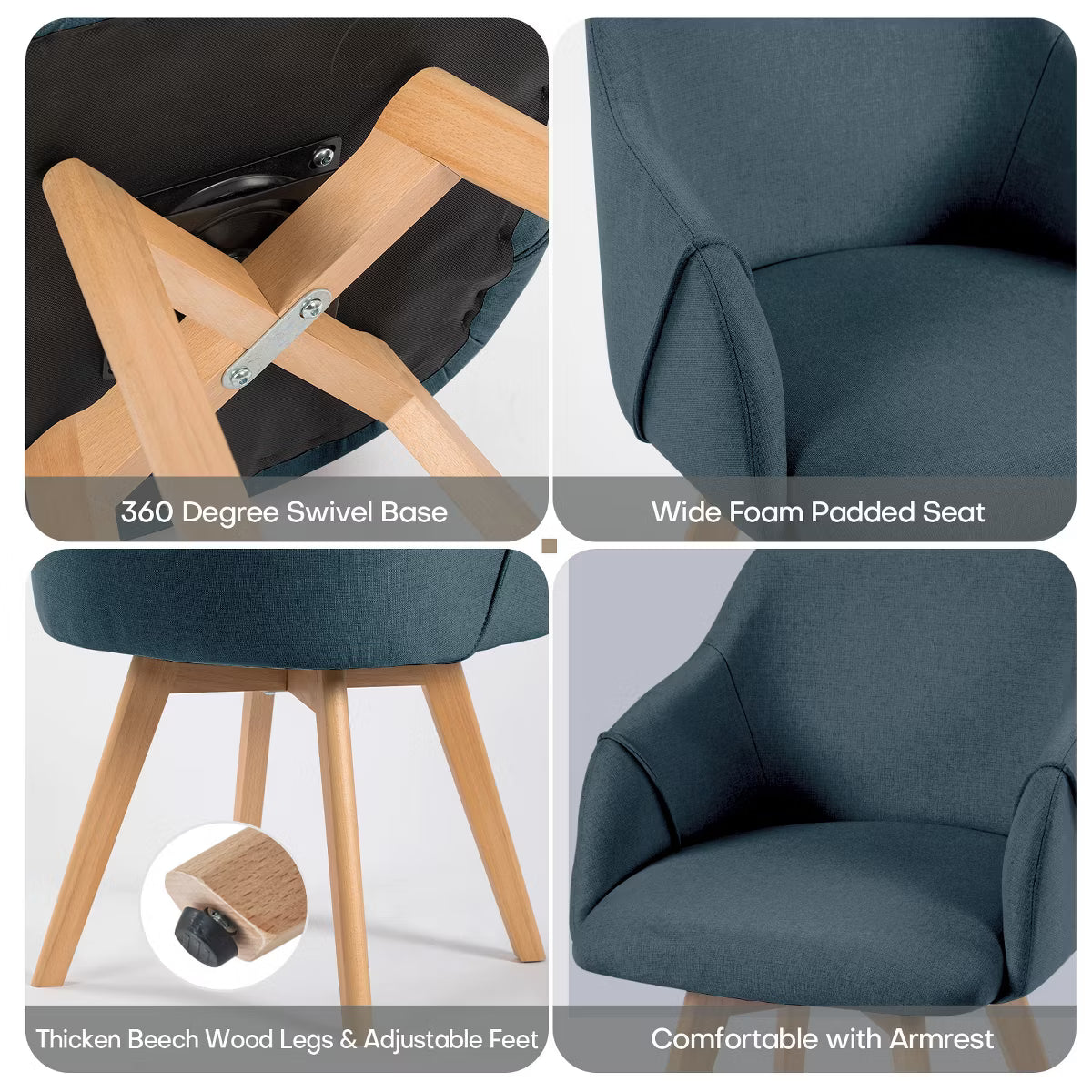 Swivel Dining Chairs Set of 2, Linen Upholstered Armchairs with Solid Wood Legs