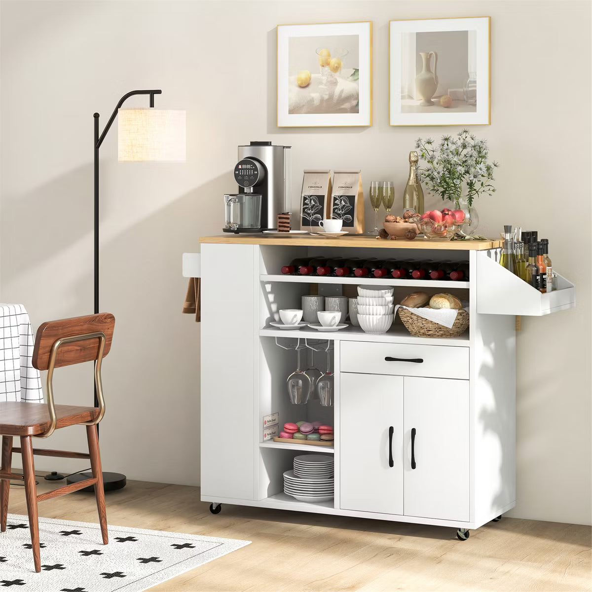 Kitchen Island – Culinvaro Leaf Kitchen Island Cart w/ Power Outlet Drinks Rack Glass Holder Drawer
