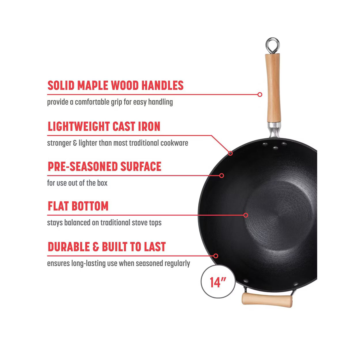 Wok – 14-Inch Preseasoned Cast Iron Flat Bottom Wok – Black