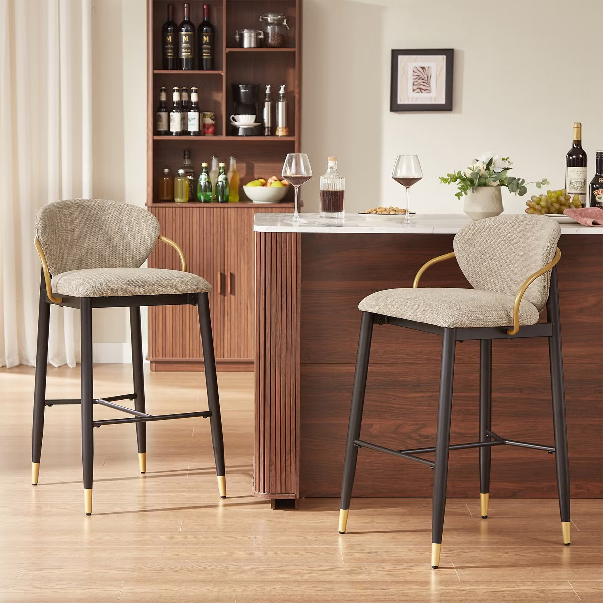 Modern Metal Upholstered Barstools with Tapered Leg Set of 2 Black/Beige