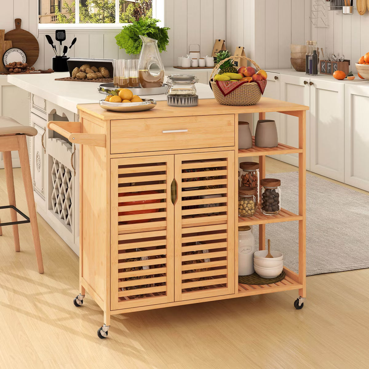 Kitchen Island – Culinvaro 35.5" Kitchen Island Cartwith Lockable Wheels Drawer Open Shelves Towel Bar