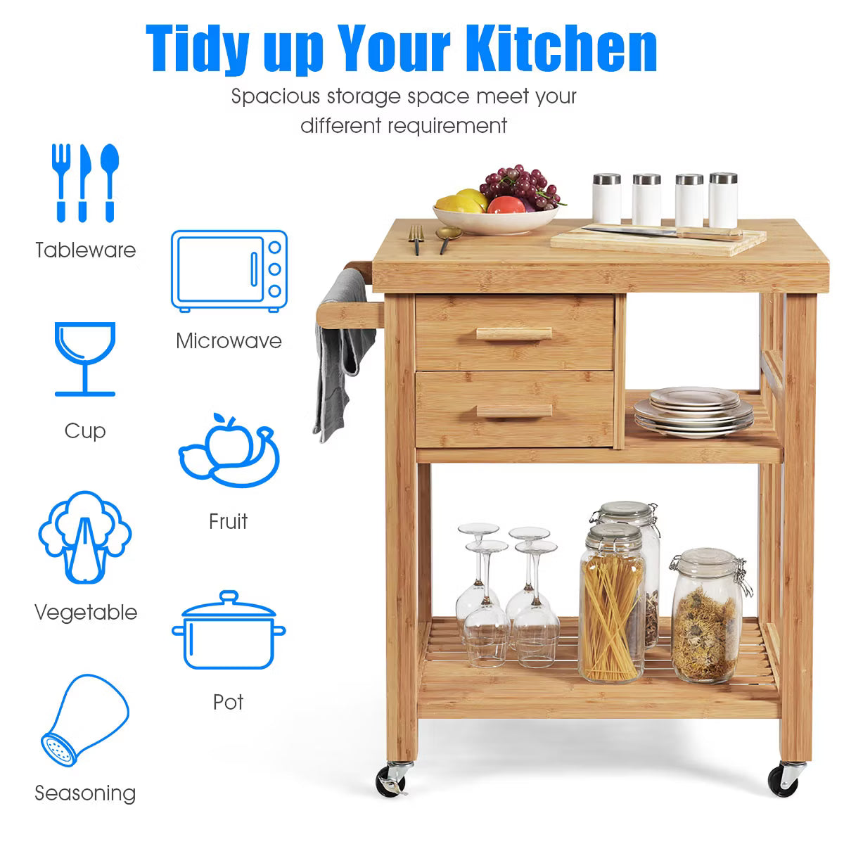 Kitchen Cart – Culinvaro Bamboo Kitchen Trolley Cart Wood Rolling Island w/ Tower Rack & Drawers