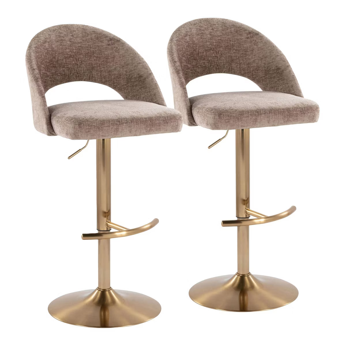 Set of 2 Renee Adjustable Barstools In Gold Metal/Brown Fabric