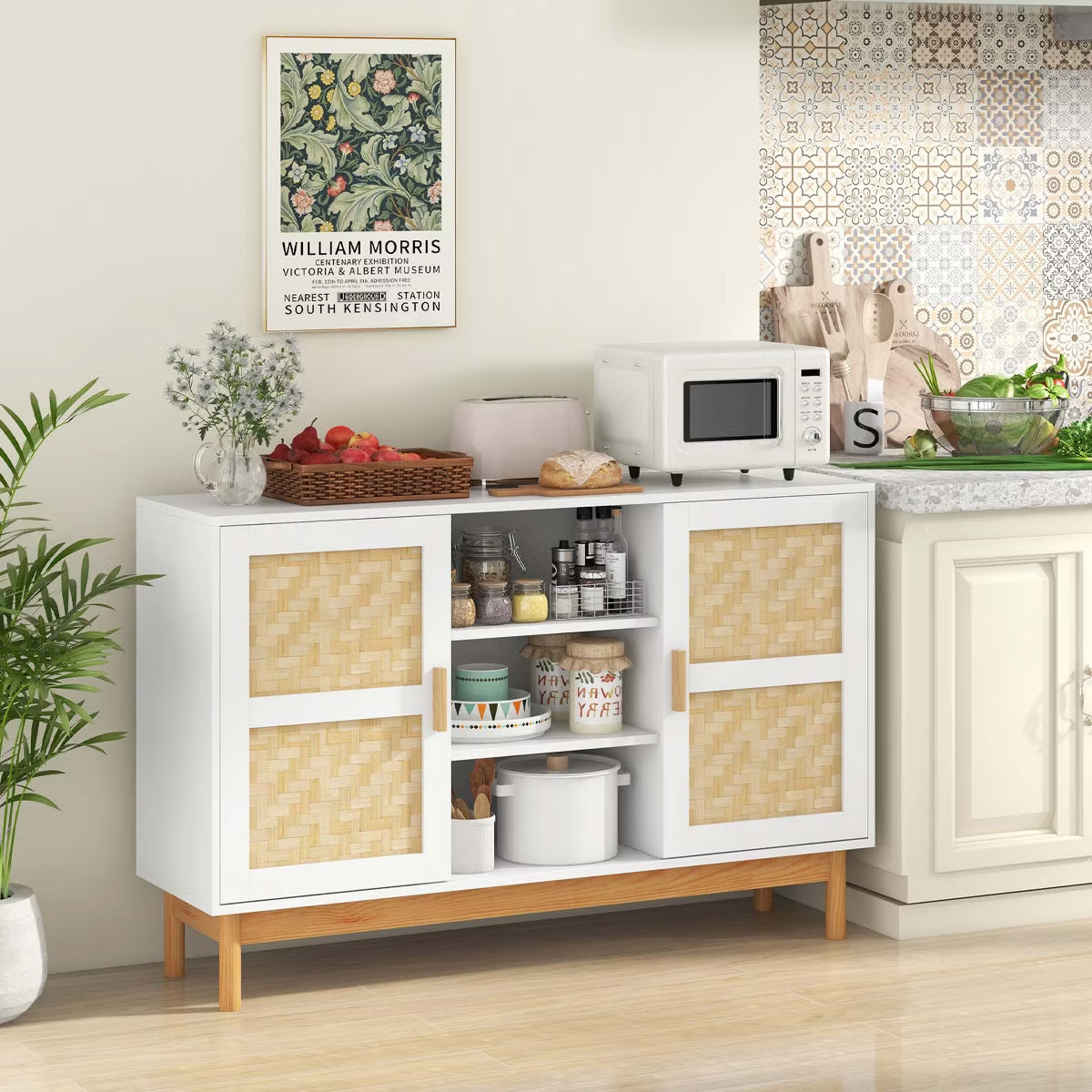 Buffet Cabinet – Culinvaro 48" Sideboard Buffet Cabinet with 2 Bamboo Woven Doors 3 Open Shelves for Kitchen White
