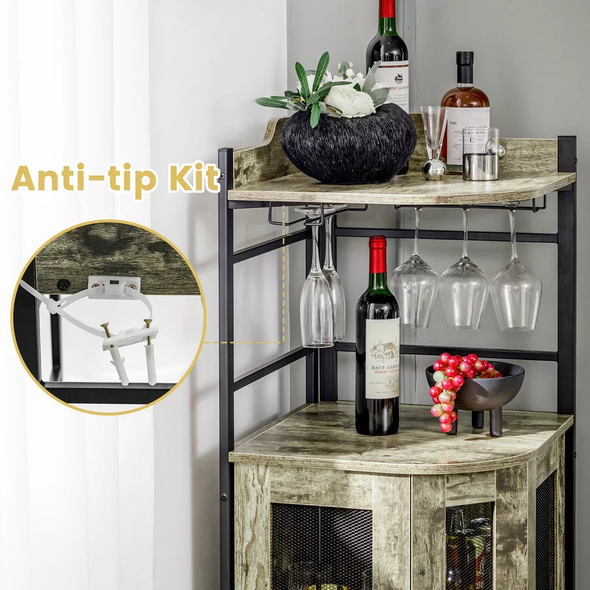 Bar Cabinet – Culinvaro Corner Bar Cabinet Industrial Liquor Wine Cabinet with Glass Holder & Mesh Doors