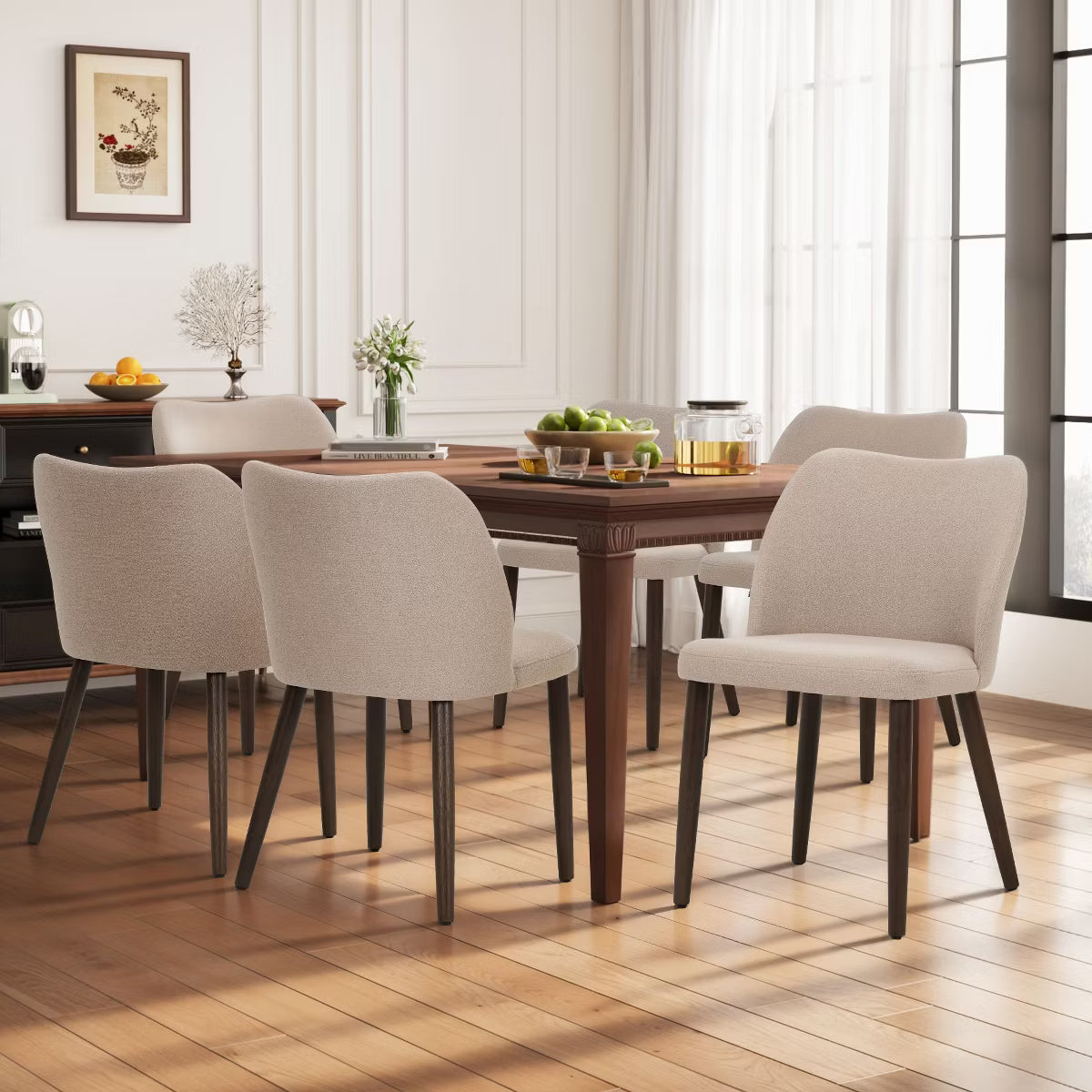 Set of 6 Wood Ergonomic Curved Dining Chairs – Modern Upholstered Chair for Kitchen