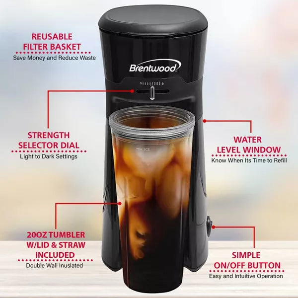 Single-Serve Coffee Maker – Single Serve Iced Coffee Tea Maker with 20 Ounce Insulated Tumbler – Black