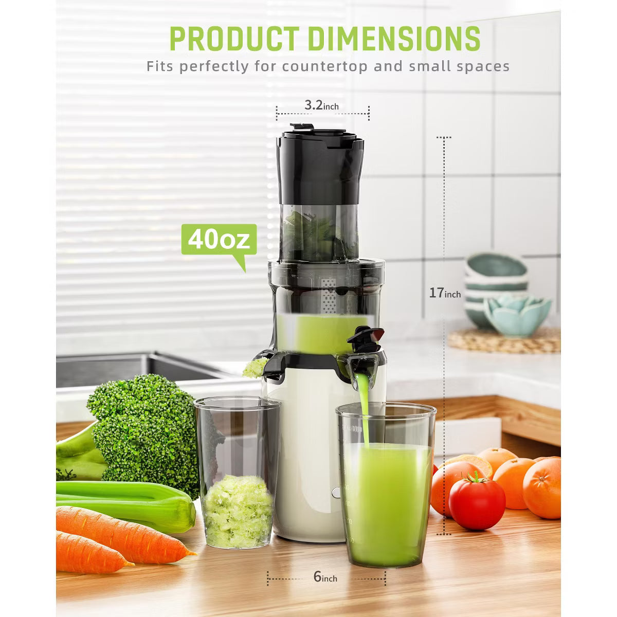 Juicer – Masticating Slow Juicer with Wide 3.2 Inch Feed Chute and Quiet 180W – Black