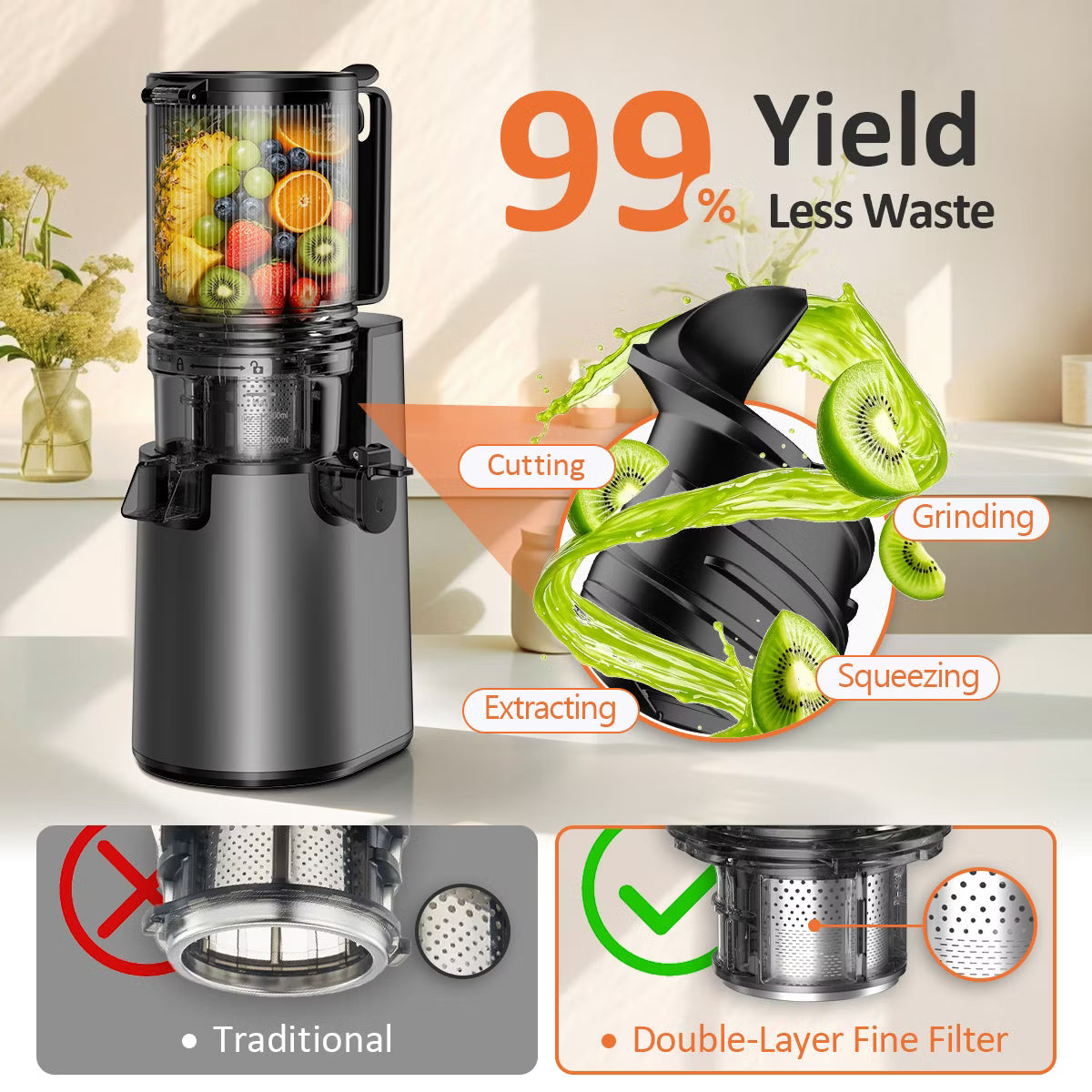 Juicer – Cold Press Juicer Professional Slow Masticating Juicer for Whole – Black